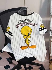 LOONEY TUNES X SHEIN Plus Size Summer Casual Striped Cartoon Pattern Short Sleeve T-Shirt - White - View 2