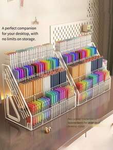 1 Pack Large Capacity Acrylic Clear Transparent Pen Tray Desk Painting Art Marker Storage Organizer Rack Box With Removable Dividers Stackable Lightweight For School Office Back To School Desktop Supplies Stationery Holder - multicolor - View 5