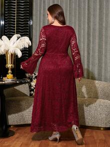 Reflora Plus Size Women's Lace Patchwork Rhinestone Decor Elegant Waist-Cinching Party Dress Fall - Burgundy - View 2