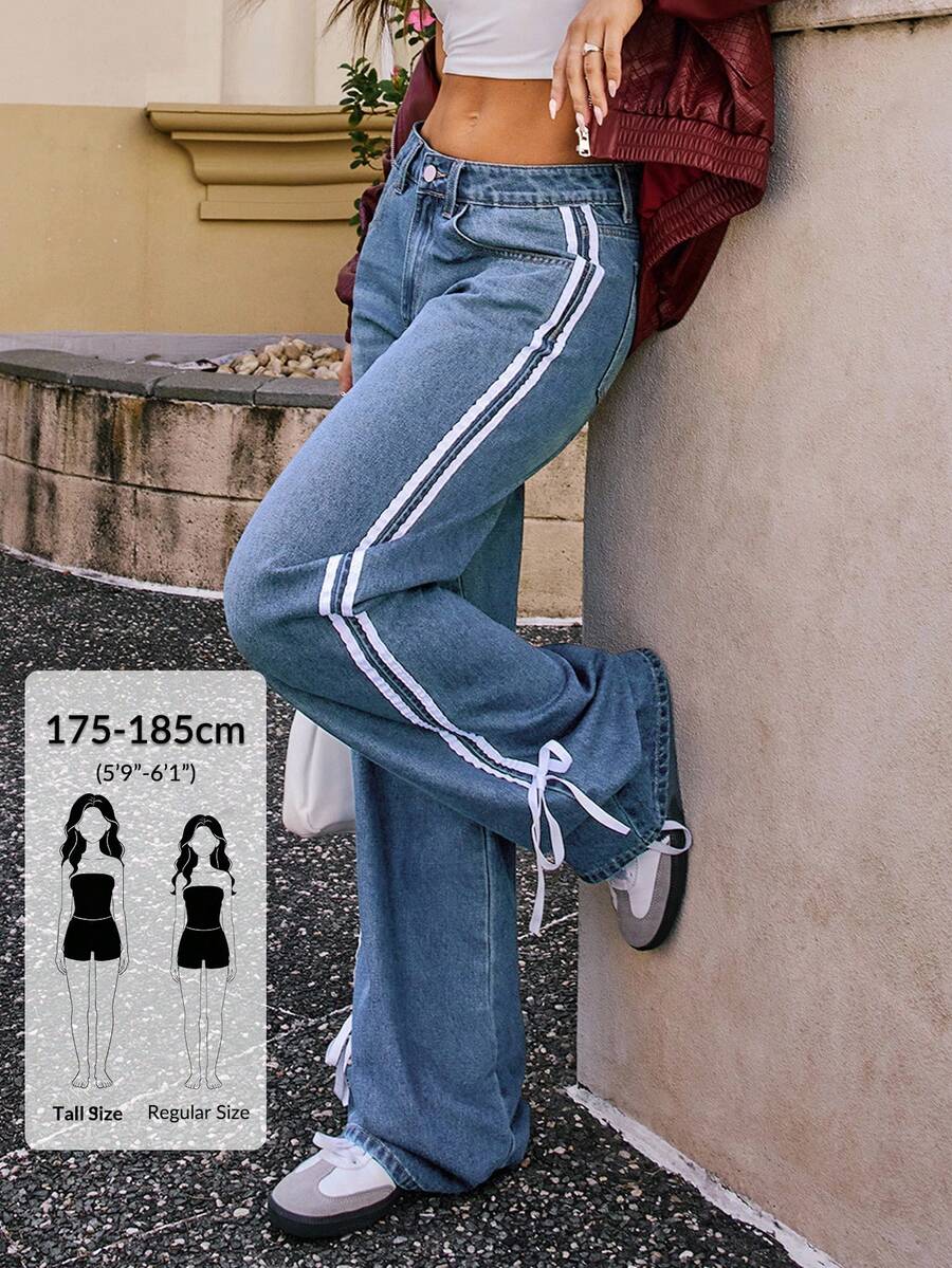 SHEIN Tall 女款側條紋直筒寬鬆休閒牛仔褲 Y2K 織帶蝴蝶結,適合高個女性 - 中等水洗藍 - 查看 1