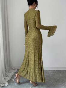 Modelyn French Design Lace Semi-High Neck Ribbon Cinched Waist Ruched Women's Dress - Olive Green - View 5
