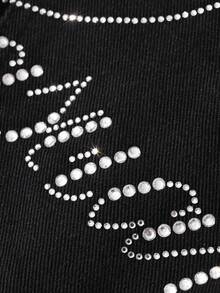 DAZY Jeans de mezclilla negros de pierna recta con decoración de letras de strass, botones sueltos y bajo con vuelta - Negro - Ver 6