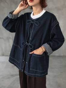FRIFUL Women's Lace-Up Placket Casual Versatile Daily Denim Jacket - Black - View 7