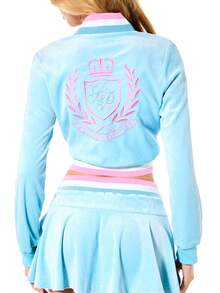 BABYPHAT Sudadera corta de terciopelo con cremallera completa, cuello de embudo, logotipo de corona con strass y ribete de rayas universitarias, Copa del Mundo de Fútbol - Celeste - Ver 2