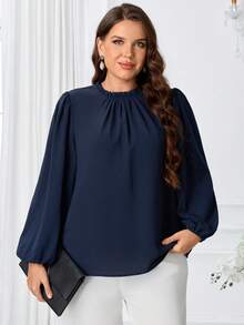Miaspire Plus Size Women's Fall Casual Elegant Commute Solid Color Navy Blue Pleated Long Sleeve Blouse Shirt Top,Autumn,Back To School,Formal,Office,Vacation - Navy Blue - View 6