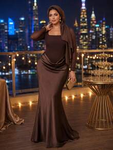 SHEIN Lady CURVE 大尺碼女款棕色長袖方領網紗優雅洋裝 - 棕色 - 查看 5