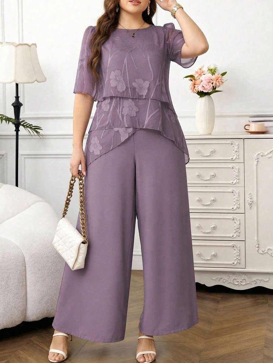 SHEIN Clasi 大尺碼女款花卉印花圓領上衣與寬腿褲休閒日常兩件套
