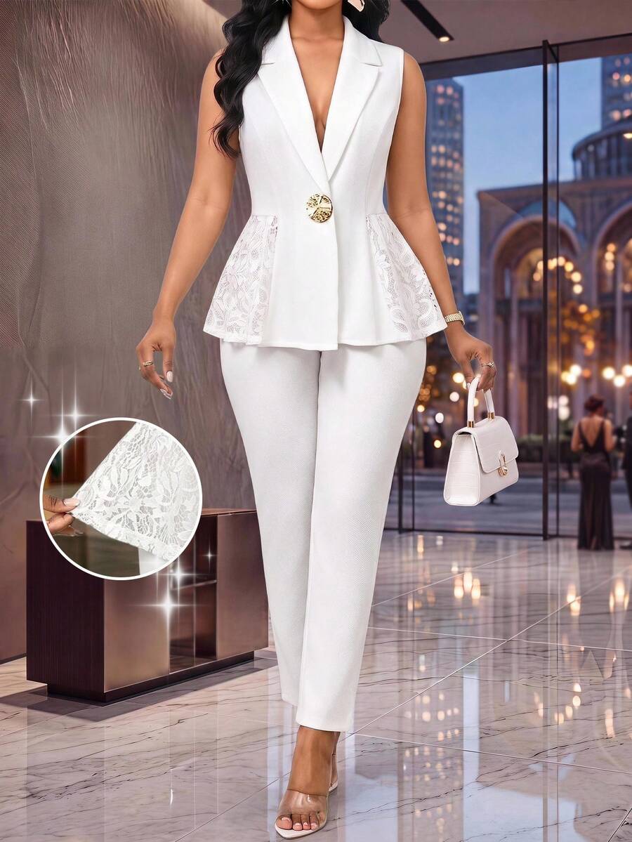 SHEIN Lady Giacca senza maniche elegante da pendolare taglie forti con patchwork in pizzo e colore unito - Bianco - Visualizzare 1