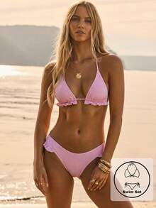 Aralina Summer Resort Vacation Beach Western Gingham Ruffle Triangle Bikini Set With Swim Bag - Pink - View 7