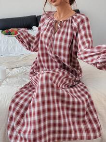 Livesso 女款簡約百搭格紋綁帶寬鬆休閒居家洋裝 秋季 - 紅色 - 查看 4