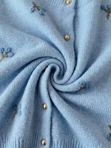 Feyla Cardigan Rajut Lengan Pendek Motif Bunga 3D Gaya Lembut, Leher Bulat, Kancing Emas Satu Baris, Atasan Crop Longgar - Baby Blue - View 8