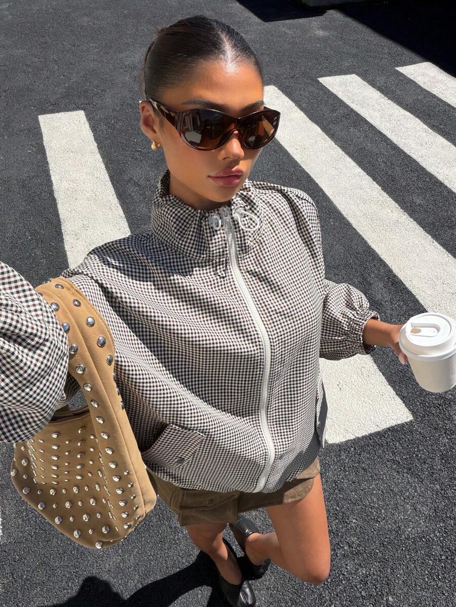 Muchica Plaid Woven Women's Dropped Shoulder Long Sleeve Zip-Up Jacket - Multicolor - View 1