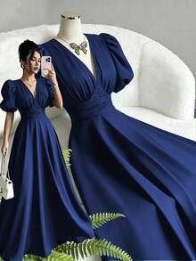 Elenzga Elegant Solid Color Petal Sleeve V-Neck Dress - Navy Blue - View 5