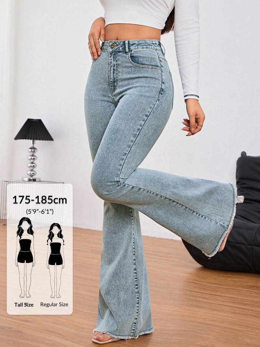 SHEIN Tall 女款口袋喇叭休閒百搭牛仔褲，適合高個女性 - 霧霾藍 - 查看 1