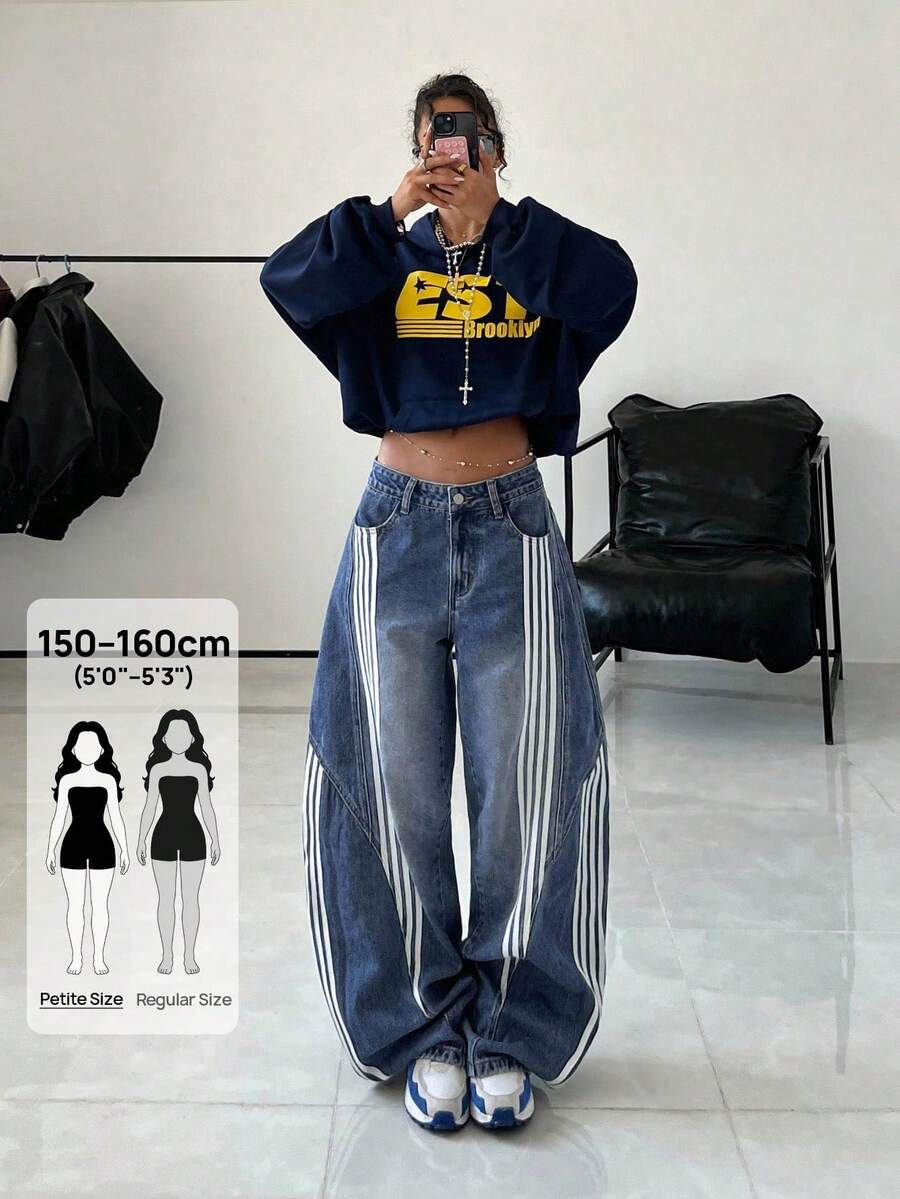 SHEIN PETITE 女款口袋條紋喇叭寬腿寬鬆牛仔褲,適合嬌小女性 - 藍色 - 查看 1