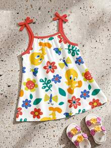 LOONEY TUNES X SHEIN GraphicGems Baby Girl Summer Bow Colorful Floral All-Over Print Spaghetti Strap Dress - Multicolor - View 2