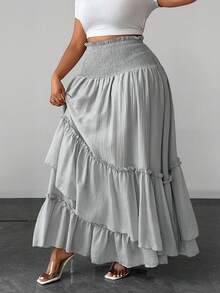 Maweii Plus Size Women's Solid Color Shirred Waist Ruffle Hem Skirt For Vacation Fall - Light Grey - View 4
