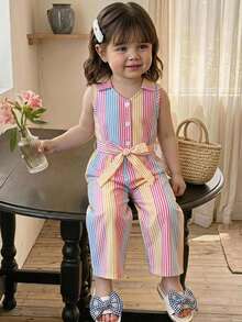 SHEIN Elladie kids 女童休閒度假百搭連身長褲，領口鈕扣前襟附腰帶，舒適柔軟皺褶丹寧風，適合秋季、野餐、出遊、姐妹穿搭、日常穿著 - 彩色 - 查看 6