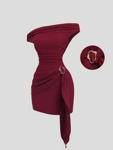 Sweetra Chocolate Bodycon Dress With Off-Shoulder Off-The-Shoulder Neckline, Metal Buckle Decor, Pleated Tie Detail, Sexy Glamorous Vintage Simple Style For Business, Shopping, Dating, Birthday Party, Social Gathering, Commuting, Spring Summer Early Autumn - Burgundy - View 3