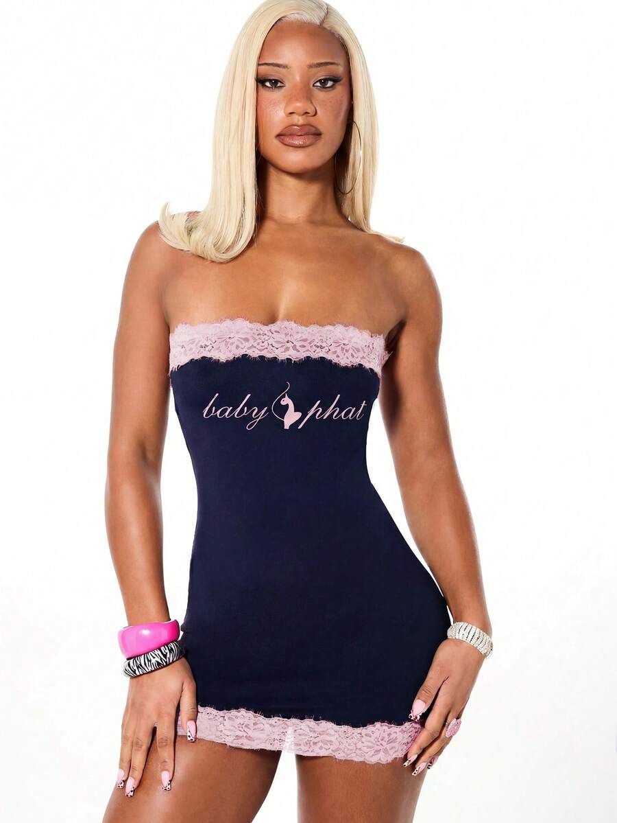 BABYPHAT Gaun Mini Tanpa Tali dengan Logo dan Hiasan Renda, Gaun Pesta Jersey Club - Navy Blue - View 1
