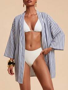 Travachic 女款條紋落肩休閒和服式罩衫 - 彩色 - 查看 4