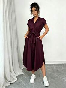 SHEIN Raffinéa Women's Solid Color Waist Knot Casual Party Dress - Burgundy - View 4