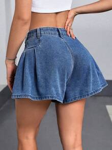 SHEIN PETITE Women's High Waist Pleated Casual Loose Denim Shorts ,Petite Women - Blue - View 2