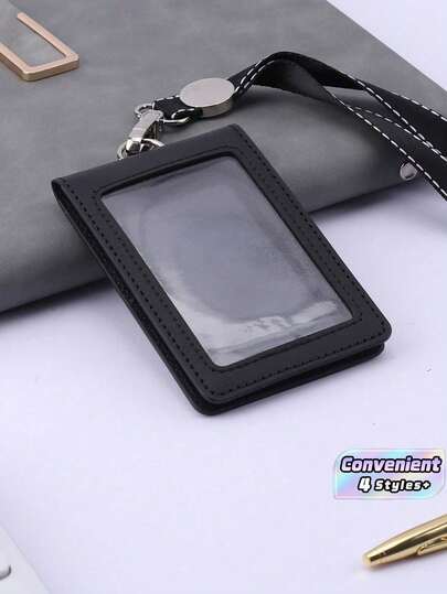1 2 3 5 PCS Leather Double Layer Card Holder With Lanyard Simple Business Work Badge ID Card Cover Student School Office Employee Accessory Durable Lightweight Clear Window On Multifunctional Name Badge Holder Scratch Resistant Waterproof Practical