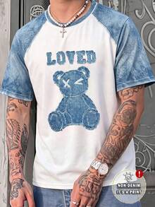 GENTILAND Retro American White Contrast Color Drop Shoulder T-Shirt With Cartoon Bear Print,Summer Casual Streetwear Crew Neck Graphic Tee For Men's,City Break - Multicolor - View 7