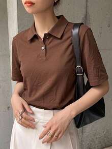 Dazy-Less Women's Loose Casual Polo Collar Short Sleeve Button-Up Coffee Brown Solid Color 100% Cotton T-Shirt - Coffee Brown - View 6