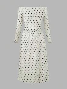 Tween Girl) Dress, Off-Shoulder, Polka Dot, Black White Polka Dot, Elegant, Casual, Vacation Party Autumn - Apricot - View 2