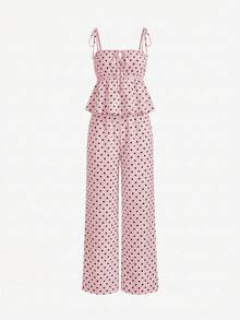 SHEIN PETITE 女款休閒黑色波點印花無袖上衣與長褲兩件套，夏季可愛波點兩件套，情人節波點兩件套，女款夏季波點套裝兩件套 - 淺粉色 - 查看 6
