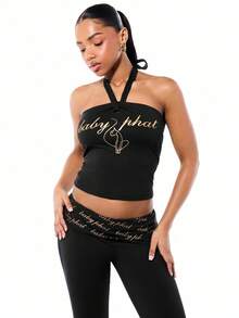 BABYPHAT Tie Neck Halter Crop Top With Gold Logo Print, Sleeveless Jersey Bandeau Style - Black - View 6