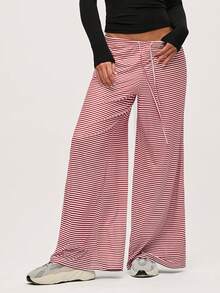SHEIN BASICS 女款休閒針織條紋低腰寬鬆寬腿長褲，紅白條紋運動居家長褲，秋季居家休閒褲 - 紅色 - 查看 6