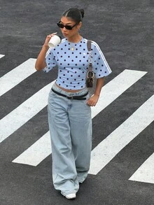 Muchica 波点印花运动撞色条纹腰部蝙蝠袖女式T恤，夏季上衣，适合日常通勤、约会、派对、秋冬夏三季、圣诞节、新年、感恩节、婚礼、海滩、毕业典礼、时尚、优雅、休闲、外出、约会、预订、通勤、闪亮、情人节、优雅、度假、休闲、Y2K、外出、毕业典礼等场合。 - 彩色 - 查看 4