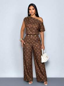 SOLERSUN Women's Summer Vintage Sexy Print Elegant Asymmetrical Neck Sleeveless Metal Button Slim Fit Shirt, One-Shoulder Top, Suitable For Going Out Dates - Brown - View 6