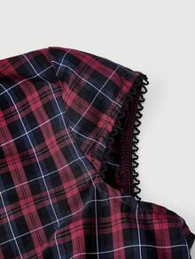 ROMWE Grunge Punk Women's Spring/Summer Plaid Shirt, Cute Retro Red & Black Checkered Pattern With Drawstring, Foil Applique And Eyelet Detail - Blue - View 4