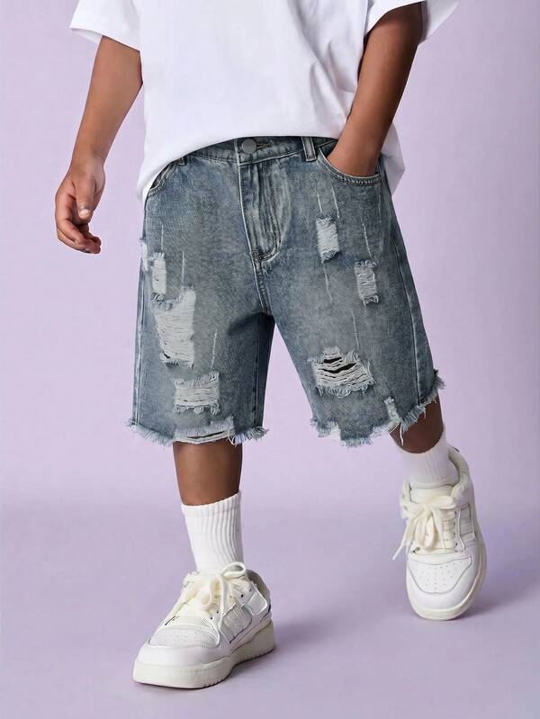 Tween Boy Fashion Casual Vintage Cool Street Cut Out Ripped Frayed Blue Comfortable Holey Denim Shorts For Kids Clothes Tween Boy Dailywear And Kids Spring To Summer Rave Outfits Festival And Outfits Streetwear Clothes