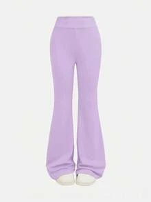 SHEIN Tween女孩休閒純色咖啡棕長袖上衣與喇叭褲2件套 - 紫色 - 查看 6