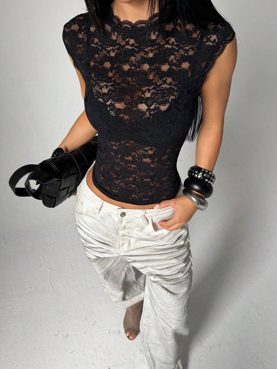 EgrlEra Black Lace Semi-Sheer Sexy Minimalist Sexy Floral Trim Patchwork Fashion High-End Women's Summer T-Shirt - Black - View 1