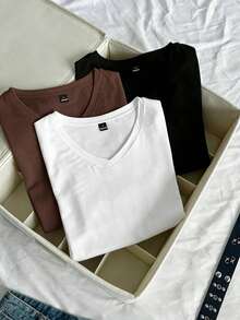 SHEIN EZwear 3件組女款夏季V領修身T恤，龐克次文化動漫素色基本款V領短袖修身T恤 - 彩色 - 查看 7