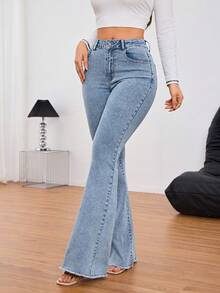 SHEIN Tall Jeans de pierna ancha con bolsillo, cremallera y botón de unicolor, adecuados para uso diario, para mujeres altas - Azul lavado medio - Ver 7