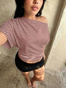 Rustia Plus Size Women's Asymmetrical Shoulder Striped T-Shirt, Casual And Comfortable - Pink - View 7