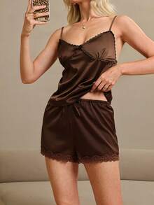 HautHeat Women's Solid Color Waist Tie Contrast Lace Pajama Shorts - Coffee Brown - View 4