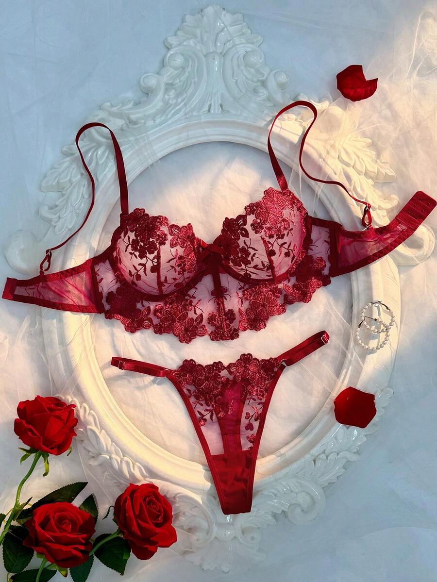 Crystal Vow Red Eye-Catching Embroidered Longline Bra & Thong Set, Full Cup Sexy Lingerie Set 2pcs - Red - View 1
