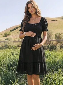 Boho Mama Umstandsmode elegantes lässiges Kleid mit Spitzenbesatz, gerafft, mit Bindeband vorne, für Fotoshootings, schwarz, Sommer - Weiss - Übersicht 3
