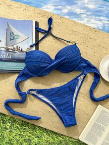 Swim SXY 2026新款女款夏季海灘泳衣，純色紋理獨特面料可愛比基尼套裝，附鋼圈聚攏胸部，金屬腰鏈，金屬肩帶上衣，海灘度假泳衣，女款時尚泳裝 - 藍色 - 查看 3