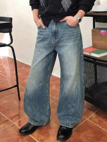 DAZY Celana Jeans Denim Biru Tua Vintage Pria, Musim Gugur - Biru - View 4