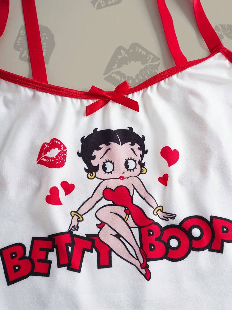Betty Boop x SHEIN Conjunto de camiseta y calzoncillos con estampado de retrato de dibujos animados, cómodo y de talla grande, para verano - Rojo y blanco - Añade 4