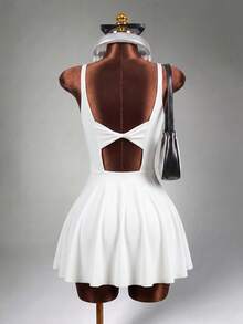 Mistrie Conjunto de vestido de tenis con diseño de nudo retorcido blanco y leggings, vestido deportivo para deportes - Blanco - Ver 4
